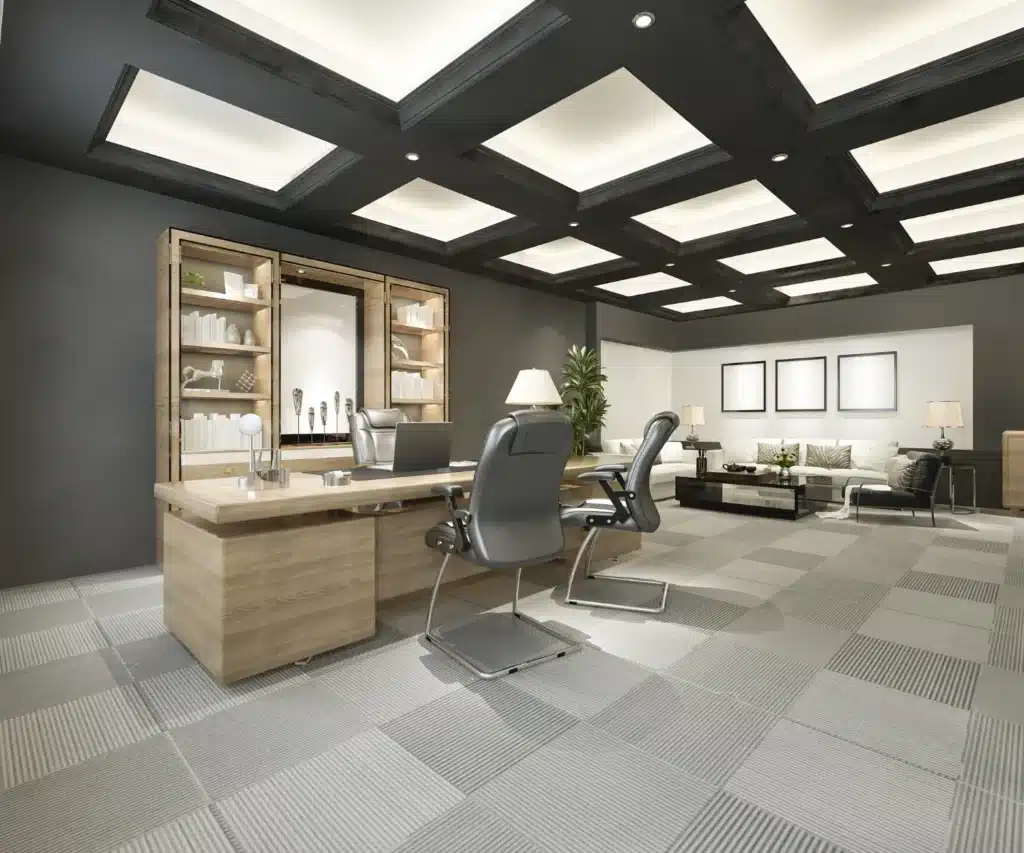 Office interior with illuminated ceiling panels