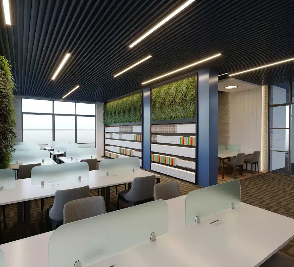 Shared workspace with linear ceiling lights