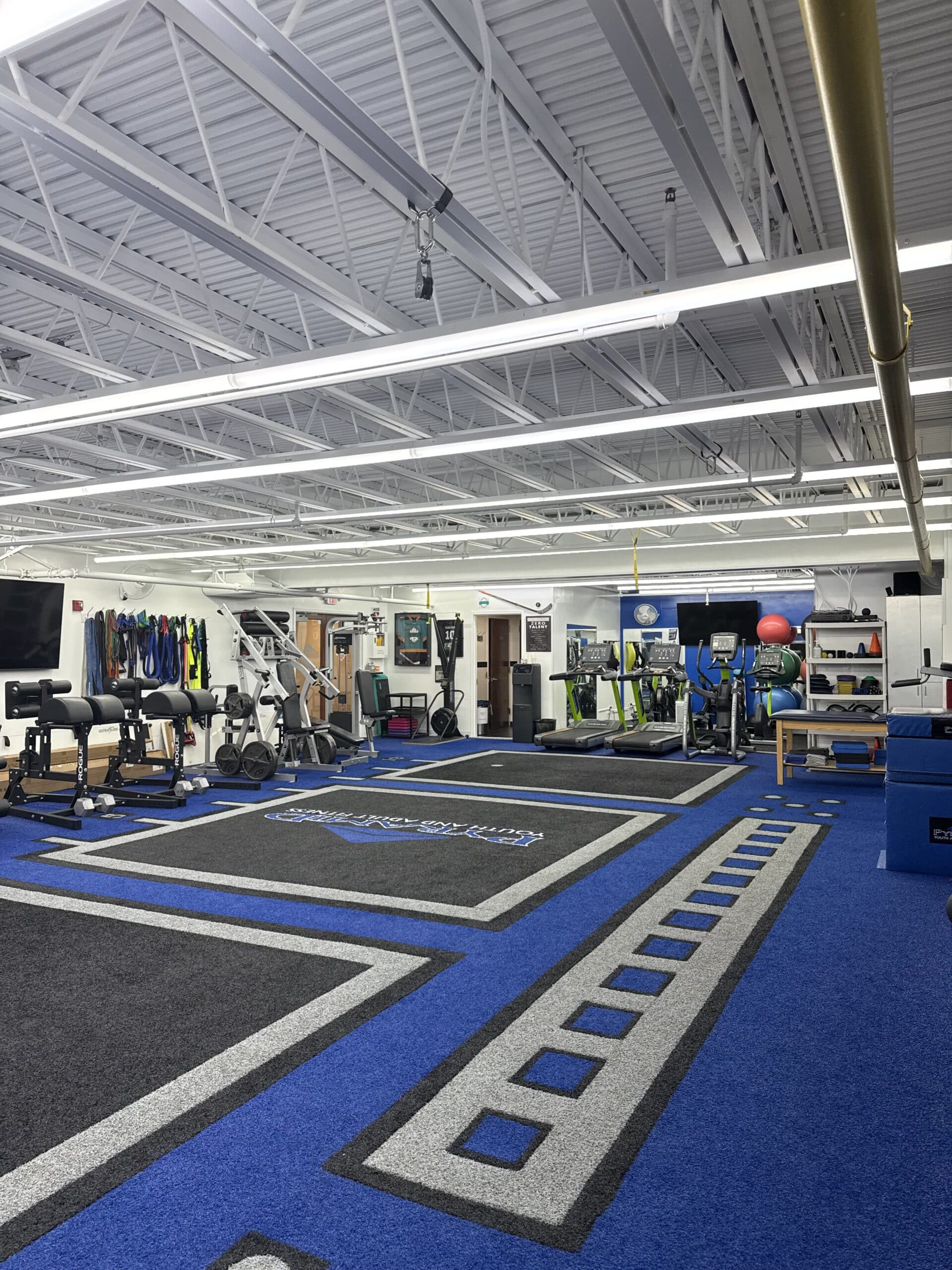 Gym interior with linear LED lighting