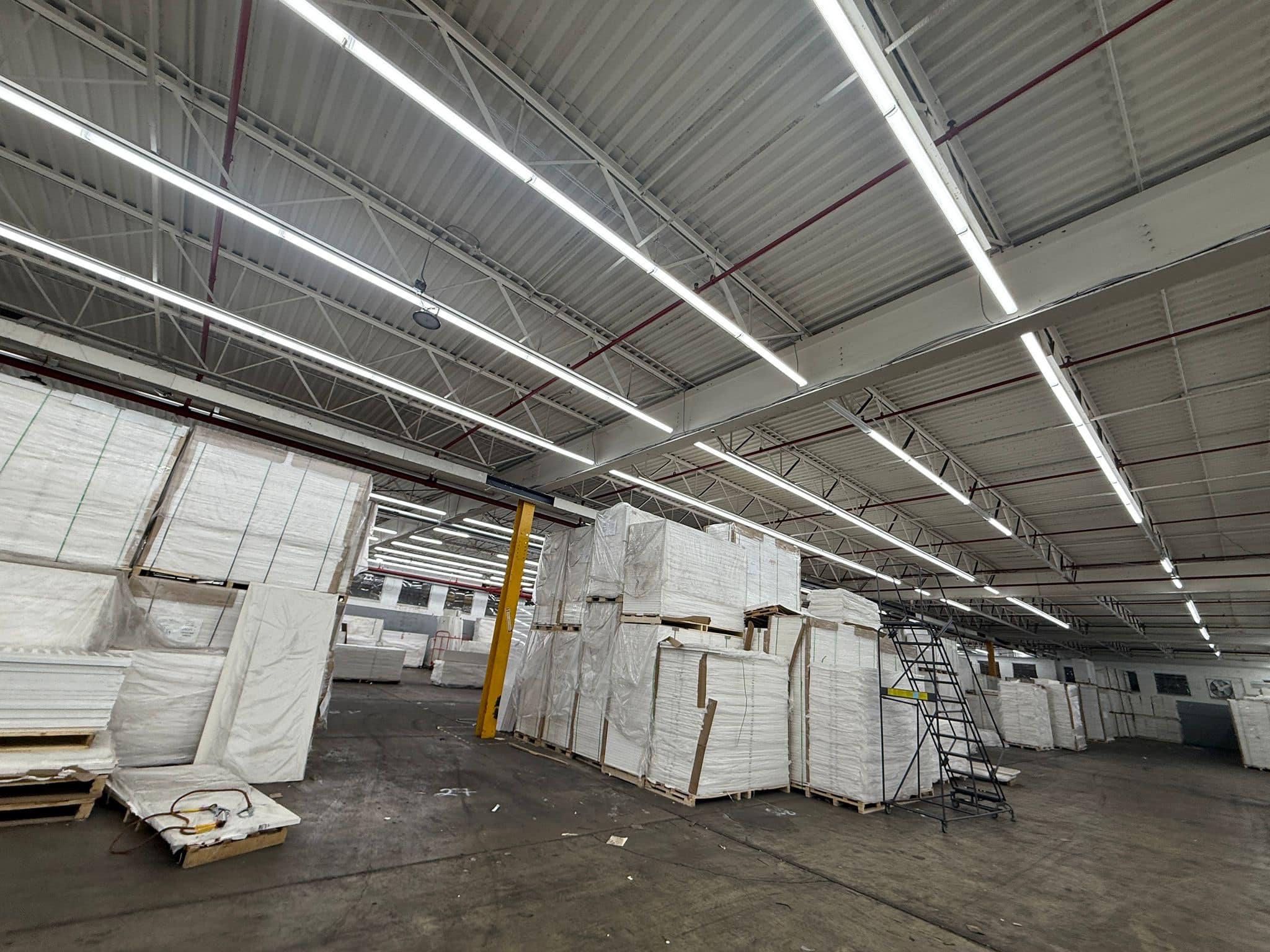 Warehouse storage area with linear LED lighting